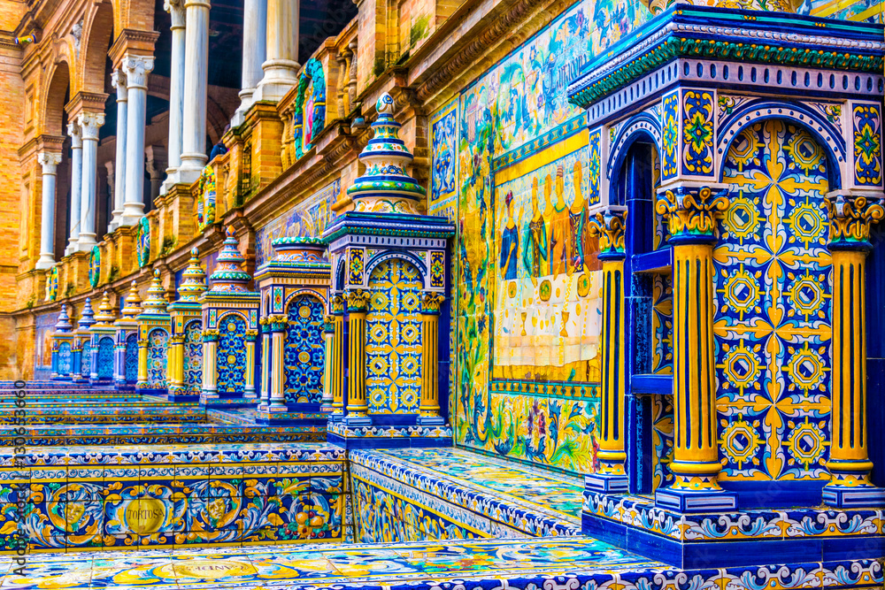 The tiled walls of Plaza de Espana. Seville. Spain.