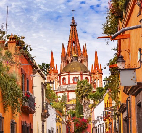 Aldama Street Parroquia Archangel church Dome Steeple San Miguel de Allende, Mexico. Parroaguia created in 1600s.